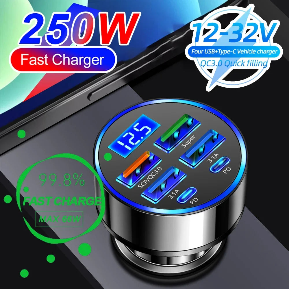66-250W PD 6in1 Car Charger QC3.0 Fast Charge with Digital Display Universal Cigarette Lighter Adapter for iPhone Samsung Xiaomi