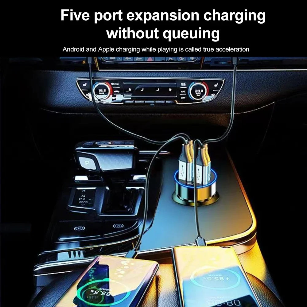 66-250W PD 6in1 Car Charger QC3.0 Fast Charge with Digital Display Universal Cigarette Lighter Adapter for iPhone Samsung Xiaomi