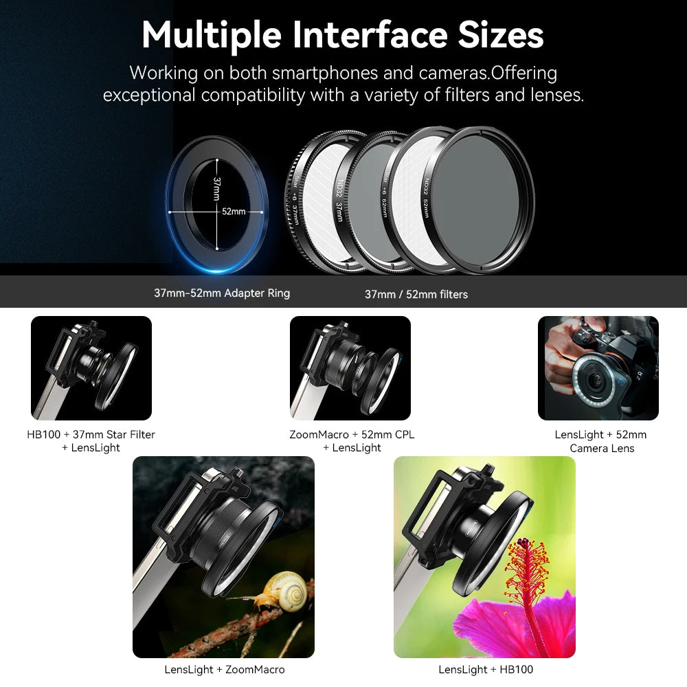 APEXEL Lens Light with 37-52mm Adapter Ring Used for Camera and Phone Macro Photography Mobile Phone Fill Light & Camera Fill Light
