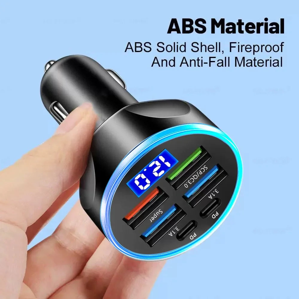 66-250W PD 6in1 Car Charger QC3.0 Fast Charge with Digital Display Universal Cigarette Lighter Adapter for iPhone Samsung Xiaomi