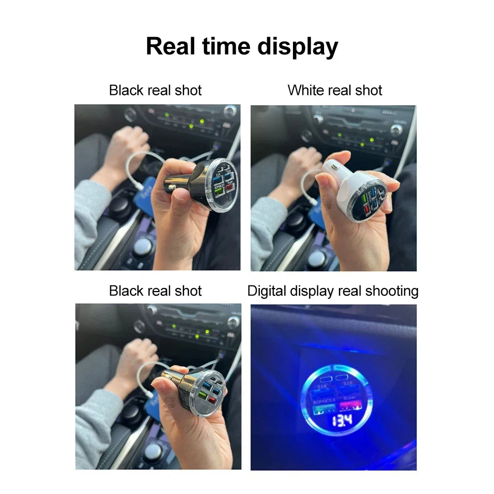 66-250W PD 6in1 Car Charger QC3.0 Fast Charge with Digital Display Universal Cigarette Lighter Adapter for iPhone Samsung Xiaomi