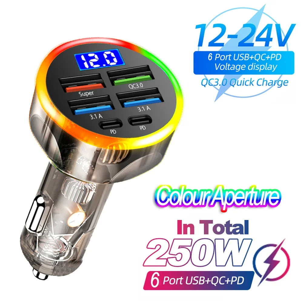 66-250W PD 6in1 Car Charger QC3.0 Fast Charge with Digital Display Universal Cigarette Lighter Adapter for iPhone Samsung Xiaomi