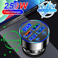 66-250W PD 6in1 Car Charger QC3.0 Fast Charge with Digital Display Universal Cigarette Lighter Adapter for iPhone Samsung Xiaomi