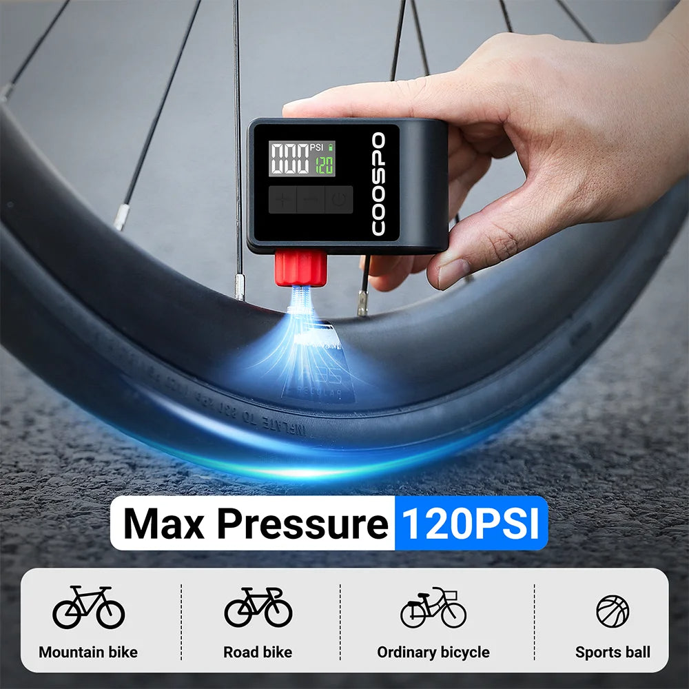 COOSPO Mini Electric Air Pump Portable Digital Inflator 120PSI 500mAh MTB Road Bike Accessories for Bike Schrader Presta Tires