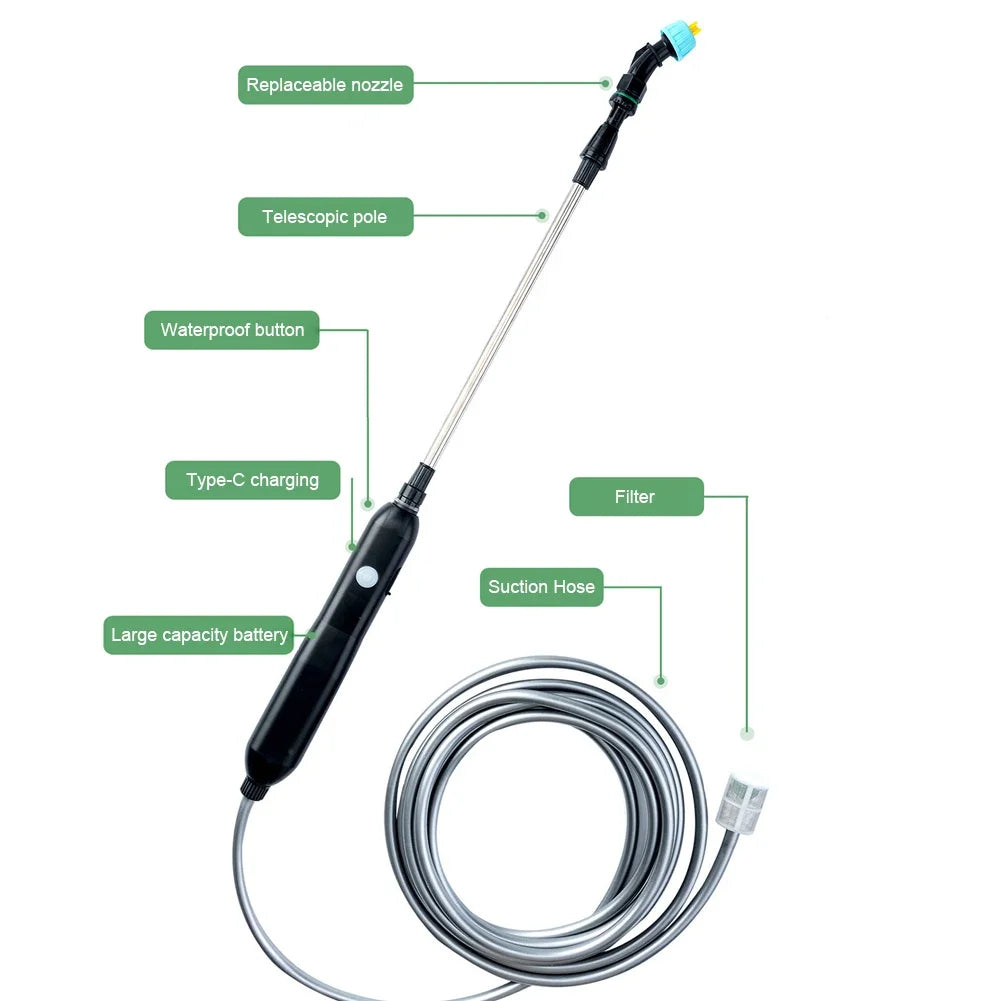 Electric Sprayer with 2 Nozzles Garden Watering Spray Gun with 2/4/6/m Pipes Type-C/USB Telescopic Handle Irrigation Tools