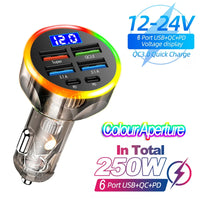66-250W PD 6in1 Car Charger QC3.0 Fast Charge with Digital Display Universal Cigarette Lighter Adapter for iPhone Samsung Xiaomi